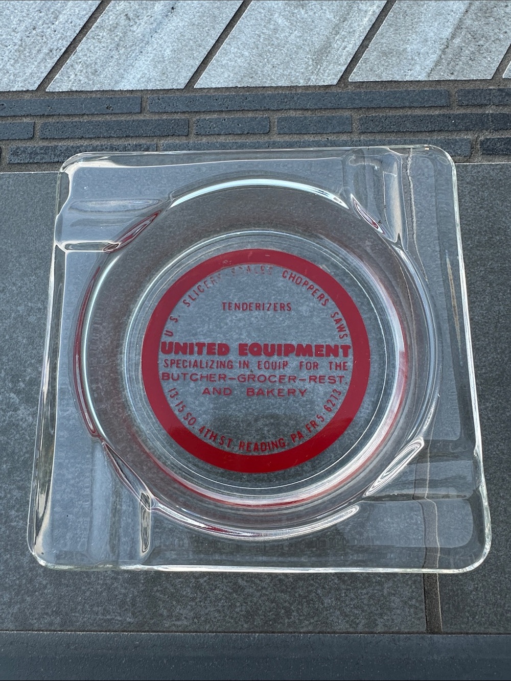 VINTAGE Ceramic ashtray UNITED EQUIPMENT Reading, PA square really nice 4 age